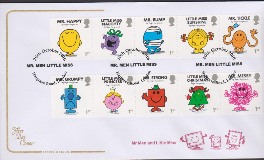 2016 -Mr Men & Little Miss , Cotswold First Day Cover,Hargrave Road London Postmark